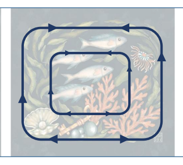 Hand-drawn underwater composition with a school of fish creating rhythm and movement