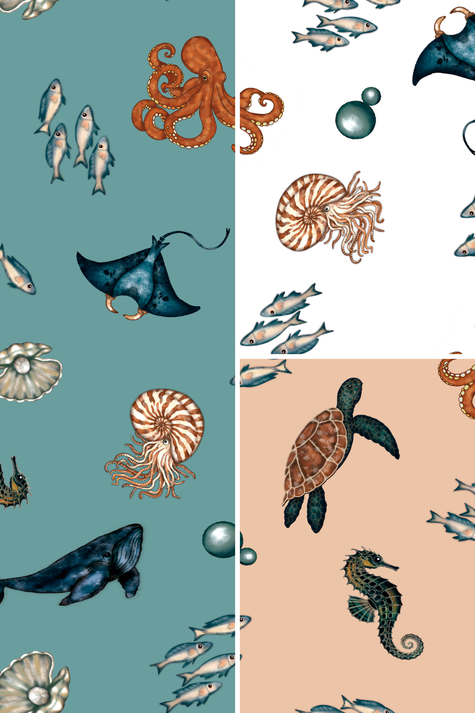 Hand-drawn ocean surface pattern with marine and botanical motifs