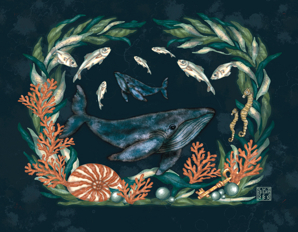 Hand-drawn whale illustration surrounded by seaweed and small fish in an underwater scene