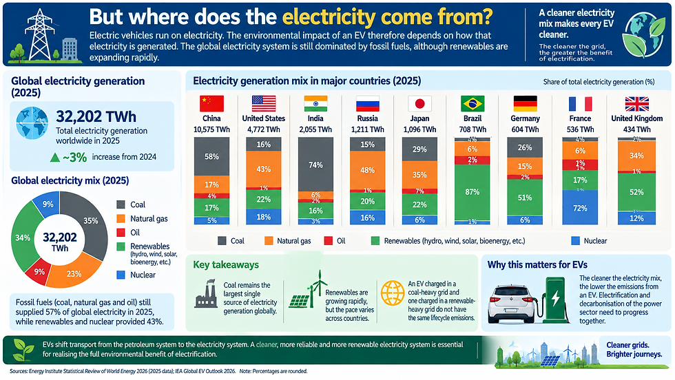 World Wide Source of Electricity Generation and energy mix of the top 9 countries in the world