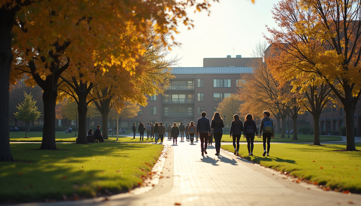 Eye-level view of a college campus with students walking on pathways