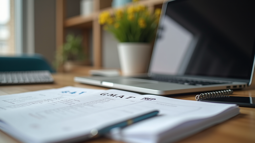 Close-up view of a study desk with GMAT prep books and a laptop