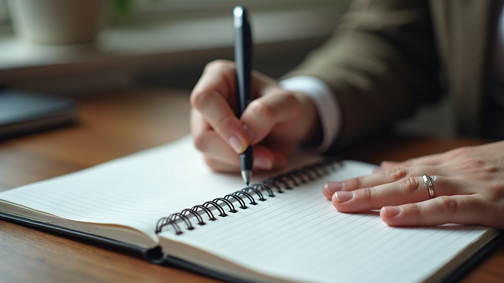 Eye-level view of a person writing career goals in a notebook