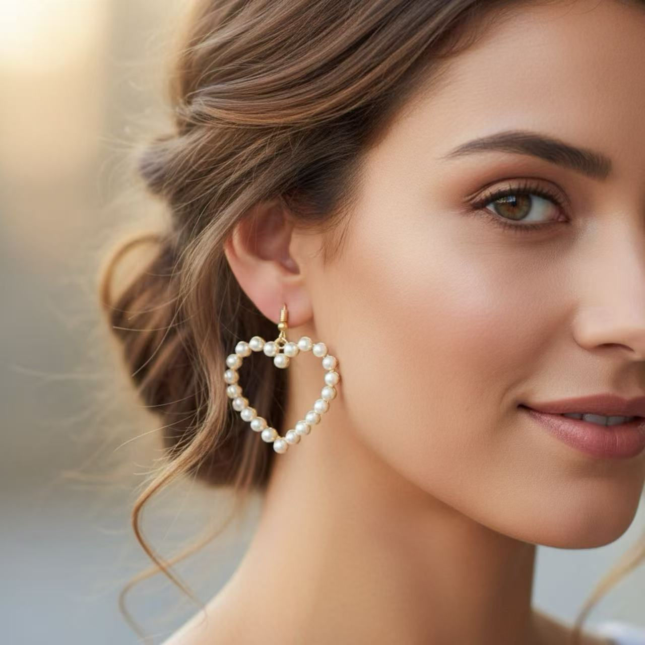 Gold Heart Shape Pearl Earrings