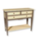console rectangulaire en merisier massif laqué gris marron et blanc crème avec 3 tiroirs de biais