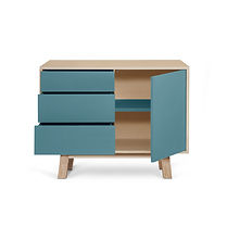EG3-012BBB Buffet bas 2 portes 3 tiroirs bleu briac face tiroirs et porte ouverts 3000x300