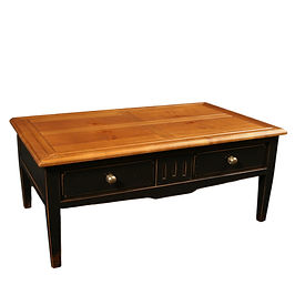 table basse merisier massif avec laque noire MELANIE 1 grand tiroir vue de biais