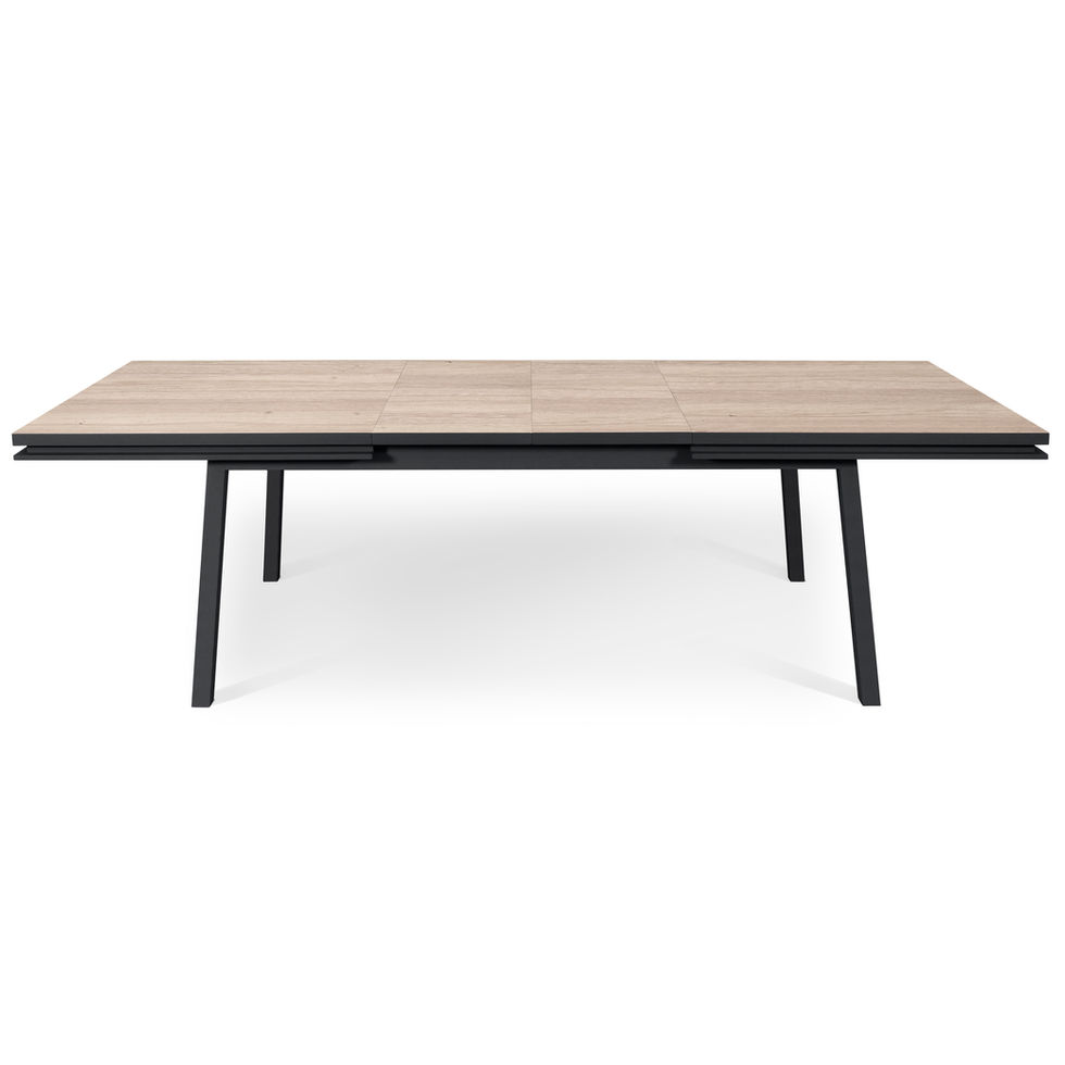 French design black rectangular extended table, solid oak wood with 2 unfolded extensions leaves on white background