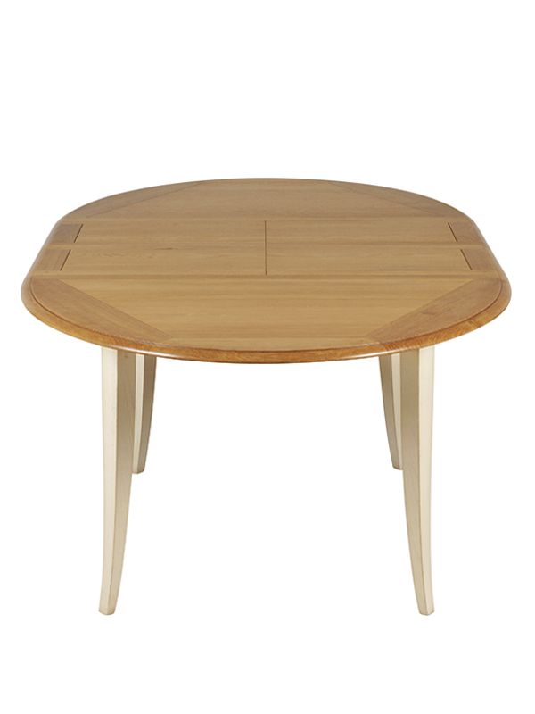 Miniature : table ovale extensible TRADITION en chêne massif finition canne sur le plateau et piétement blanc-crème vue de face avec les 2 rallonges dépliées