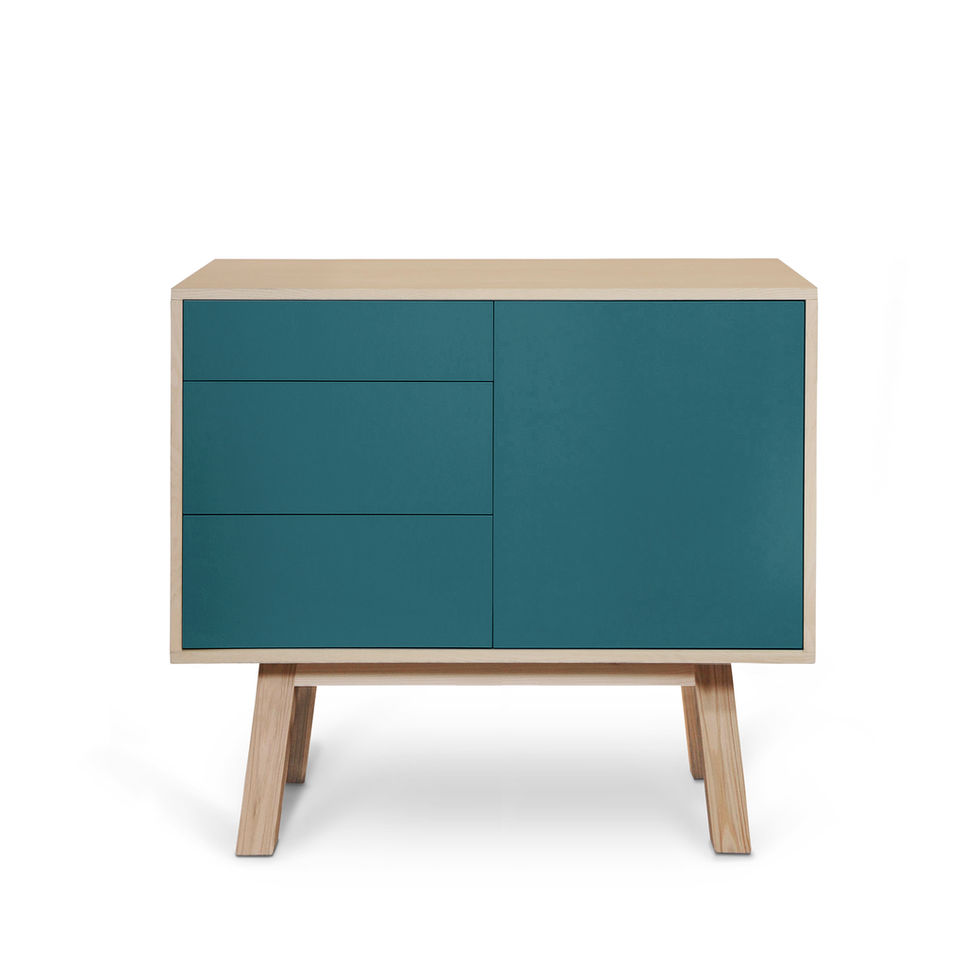 French design high sea blue 3-drawer chest & 1-door cabinet in wood, face view on white background