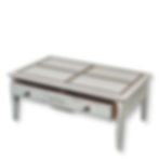 table basse bois merisier massif grise avec tiroir ouvert vue de biais