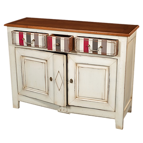 buffet MELANIE laqué blanc crème et tiroirs à rayures blanches grises et framboise de biais