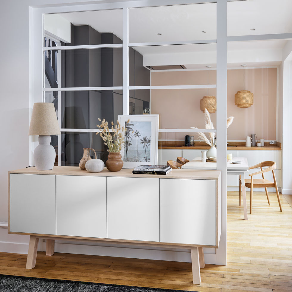 French design white 4-door high large sideboard in wood in a dining room with glass partition and wooden table