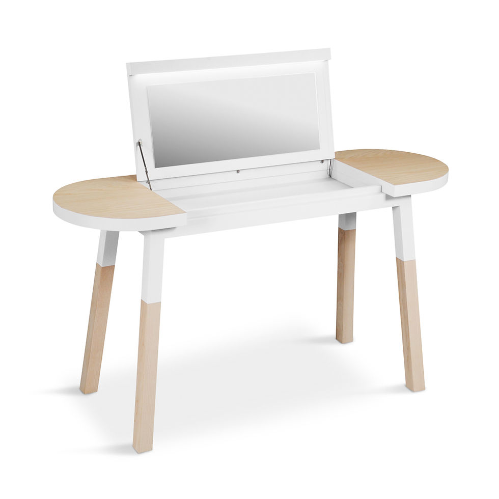 Miniature : Coiffeuse ÉGÉE en bois massif blanc, abattant ouvert avec miroir éclairé, vue biais.