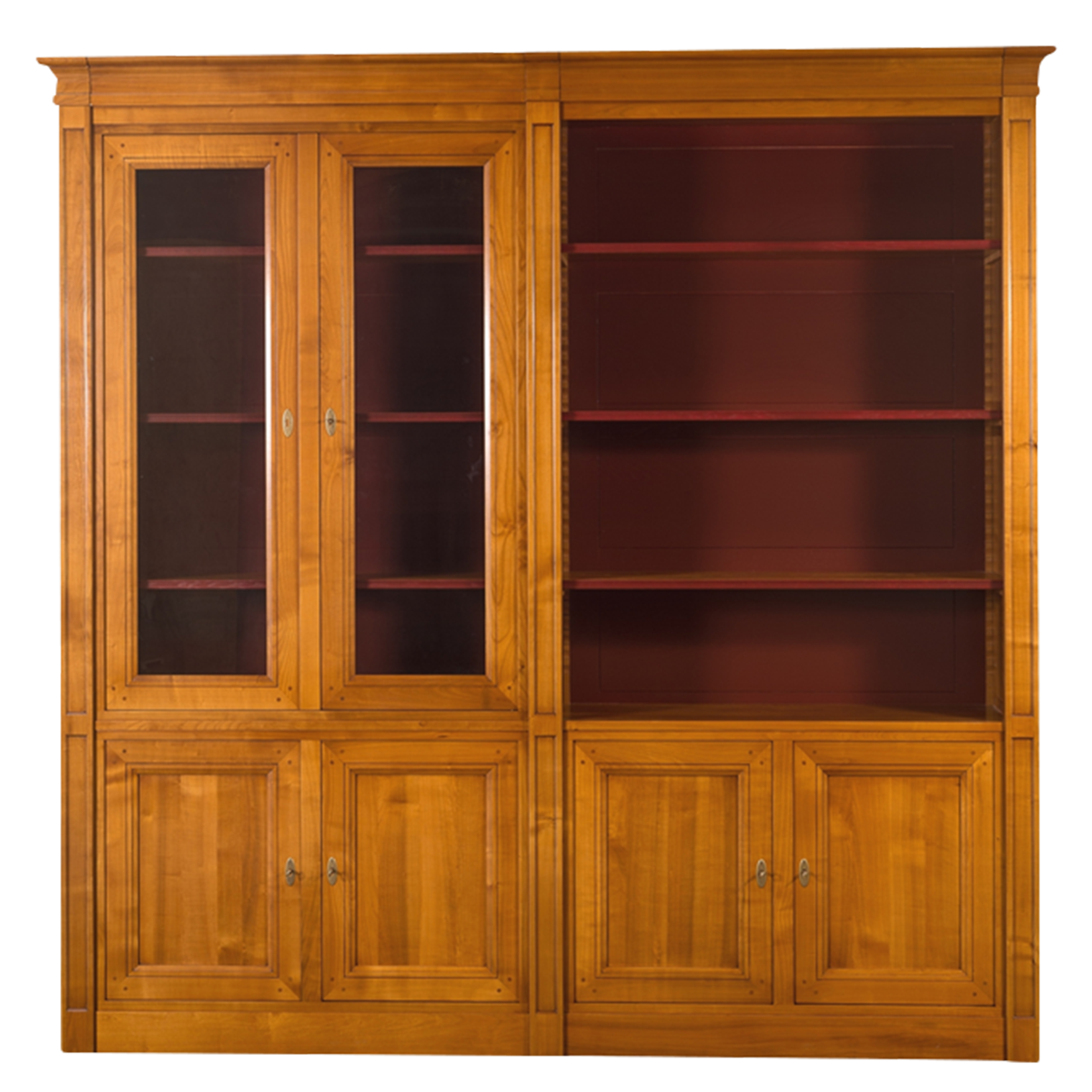 bibliothèque 2 modules en merisier massif intérieur lie-de-vin