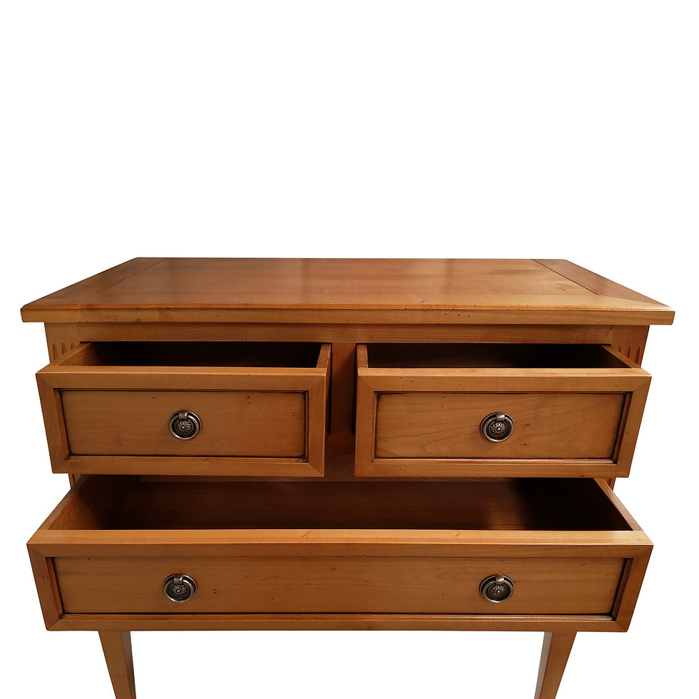 Thumbnail: console style Louis XVI Directoire avec 3 tiroirs en merisier massif blond de face tiroirs ouverts