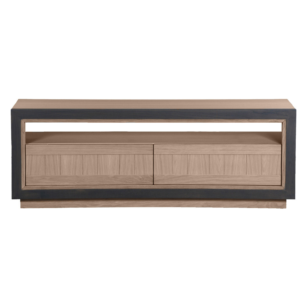 Meuble TV STELLA 2 tiroirs - chêne naturel et cadre gris éléphant