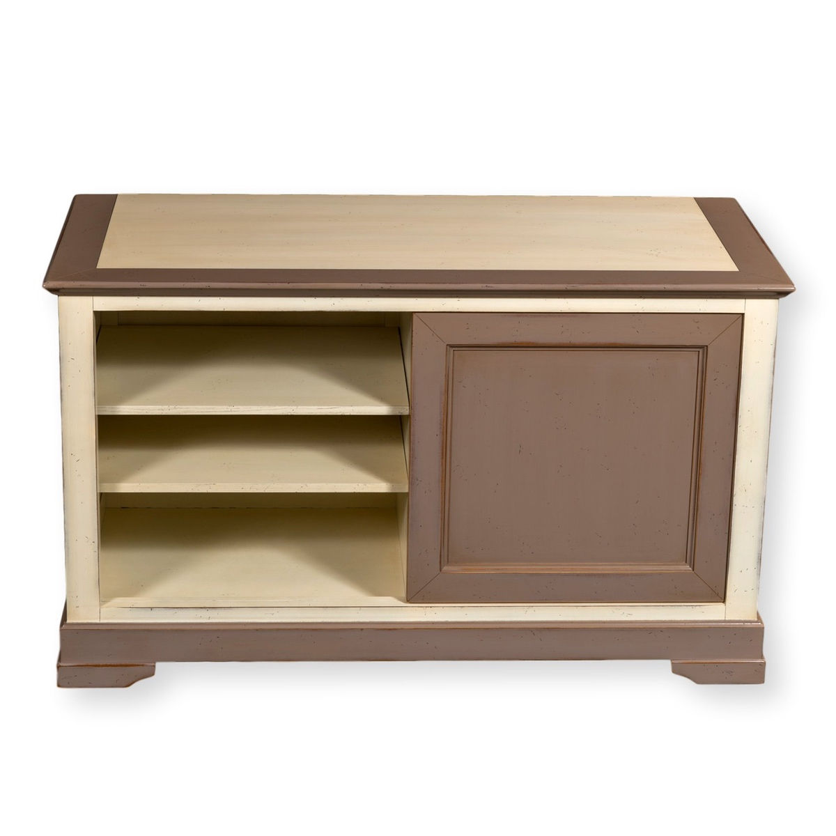 meuble tv merisier laqué blanc crème et gris avec porte coulissante et 4 étagères de face