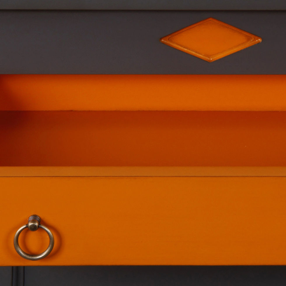 Miniature : détail façade et tiroir d'un secrétaire en bois massif gris et orange