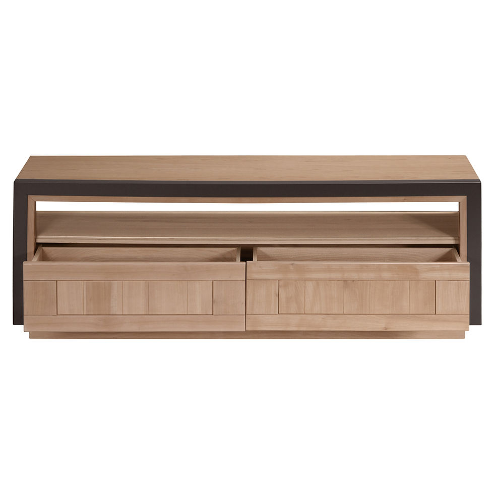 Miniature : meuble TV merisier massif STELLA - 2 tiroirs ouverts ensemble -design moderne -vue de face sur fond blanc