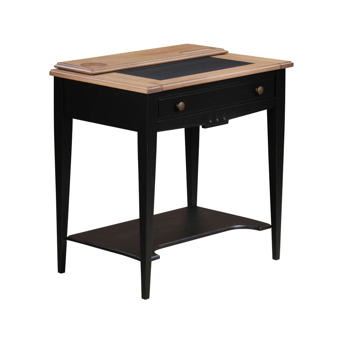 bureau chêne massif noir encrier sous main cuir étagère avec tiroir vue de biais sur fond blanc