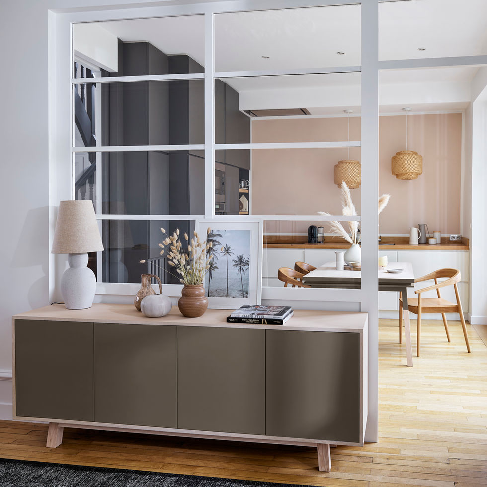chocolate brown 4-door low sideboard in wood in a room with table and glass roof