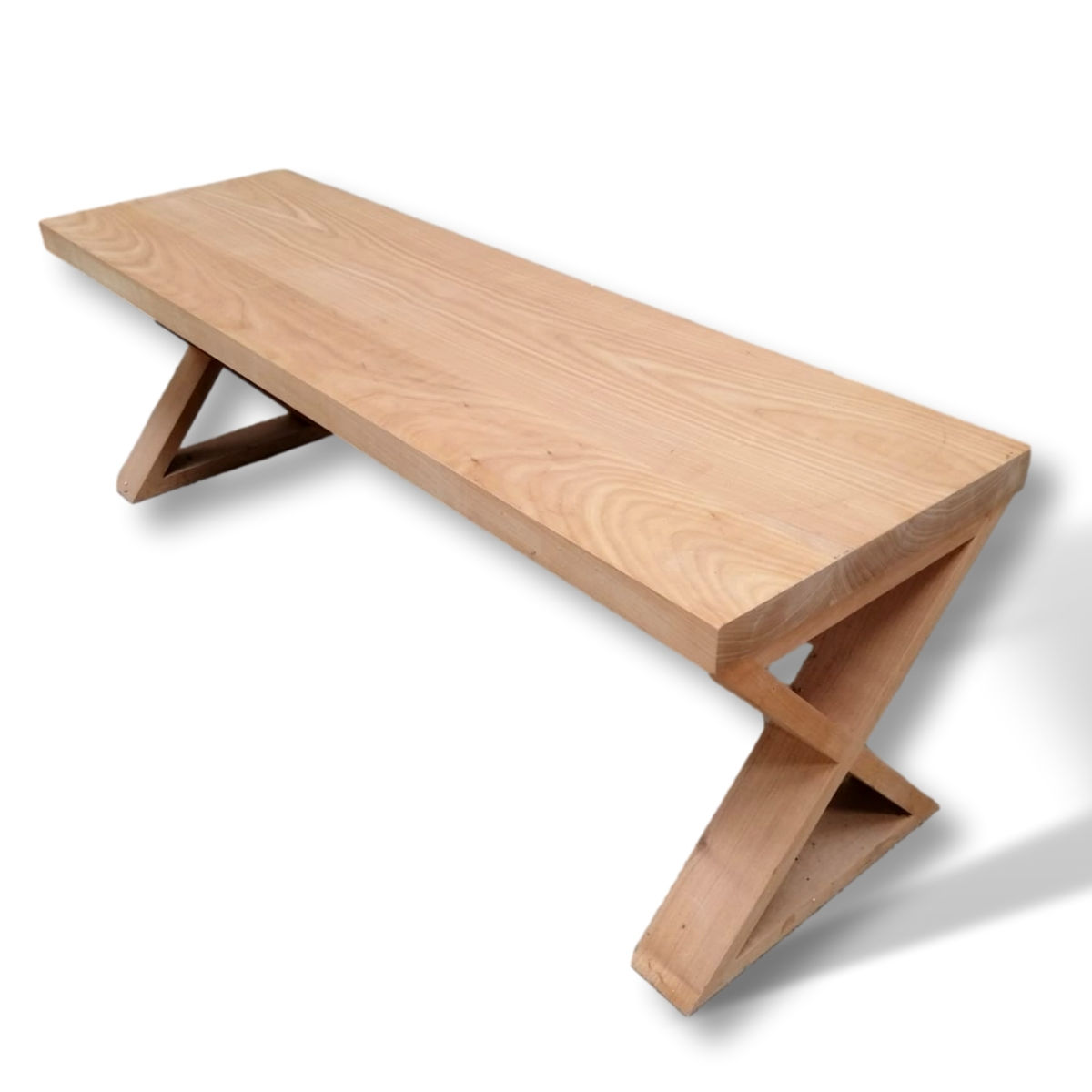 banc console en merisier brut vu de biais