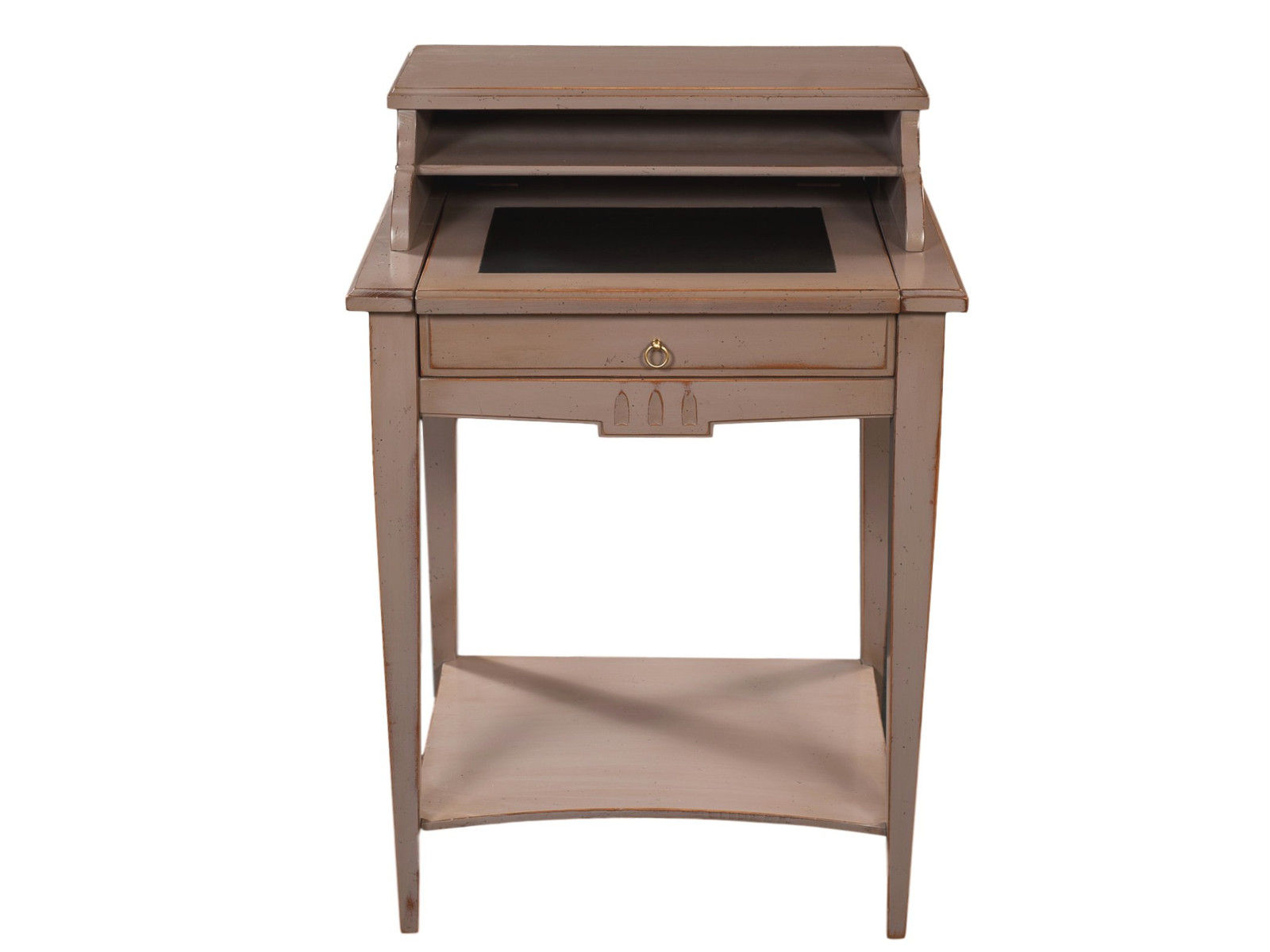 bureau en merisier massif avec plateau sous-main cuir noir, tablette entre-jambes et sur-meuble sur le plateau, collection MELANIE face