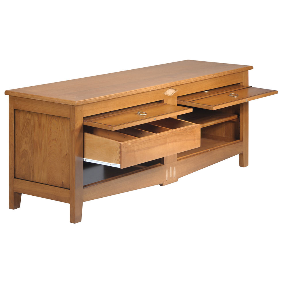 Miniature : meuble TV 160 cm MELANIE en chême massif avec 2 portes garage ouvertes et range CD sorti vue de biais