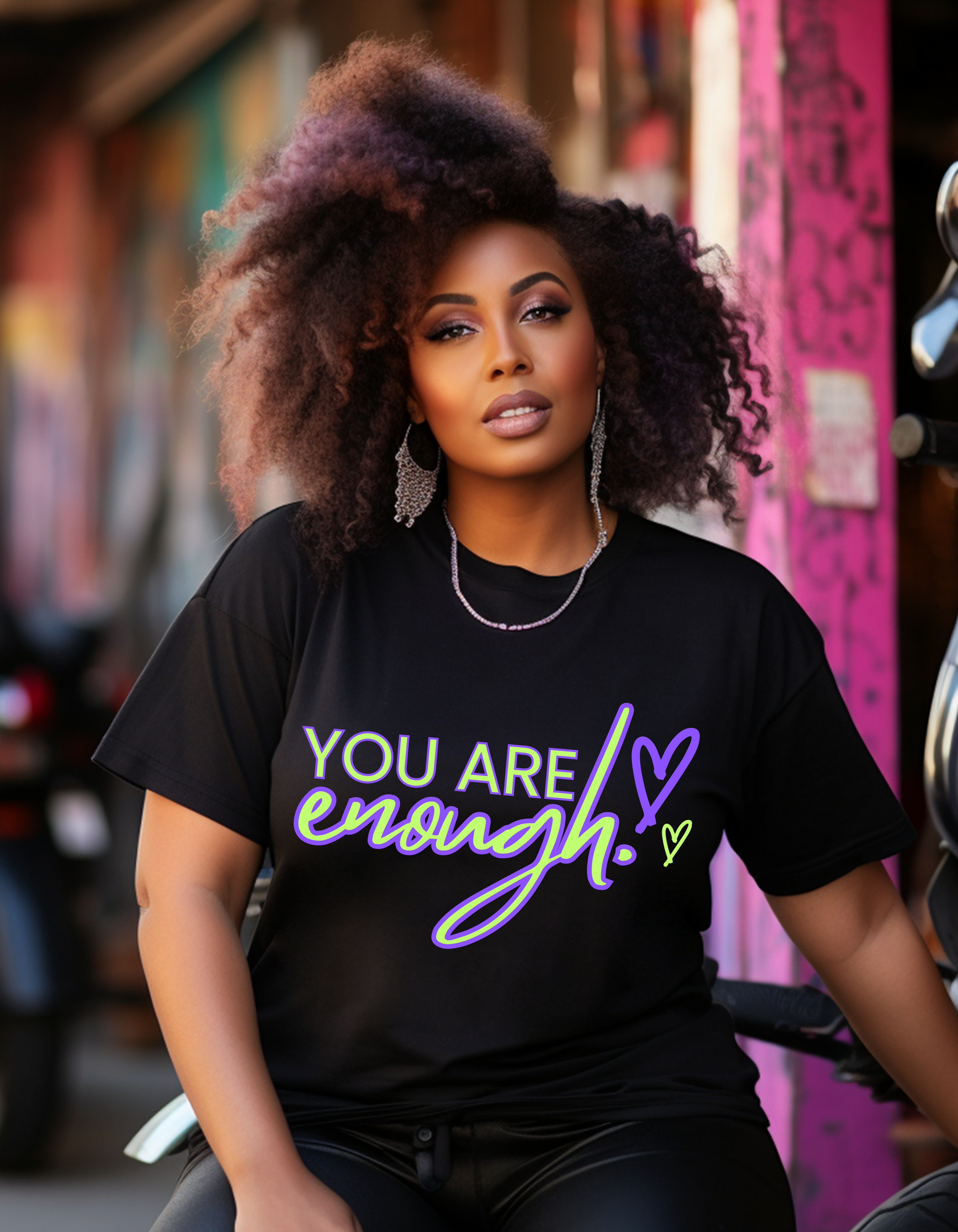 Black, lime & purple you are enough tee front