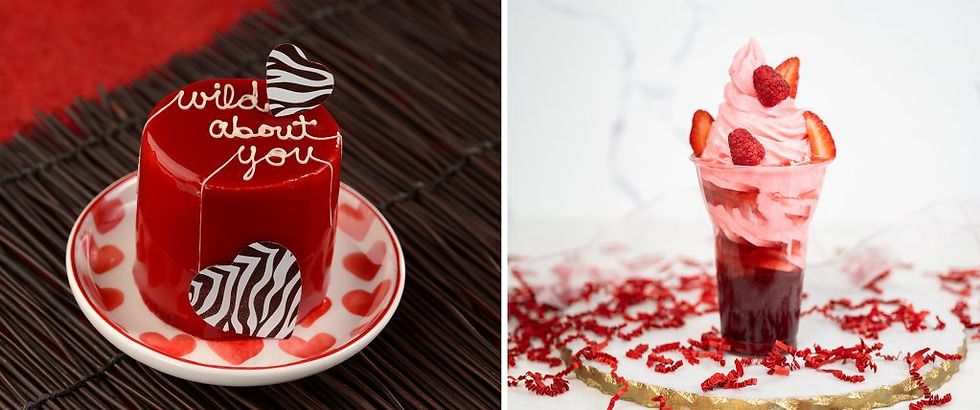 Valentine Mousse Cake, red with the words "wild about you" on a plate with love hearts and zebra pattern hearts on the cake. Second image is a raspberry dole whip, called Sip on the Heart Float.