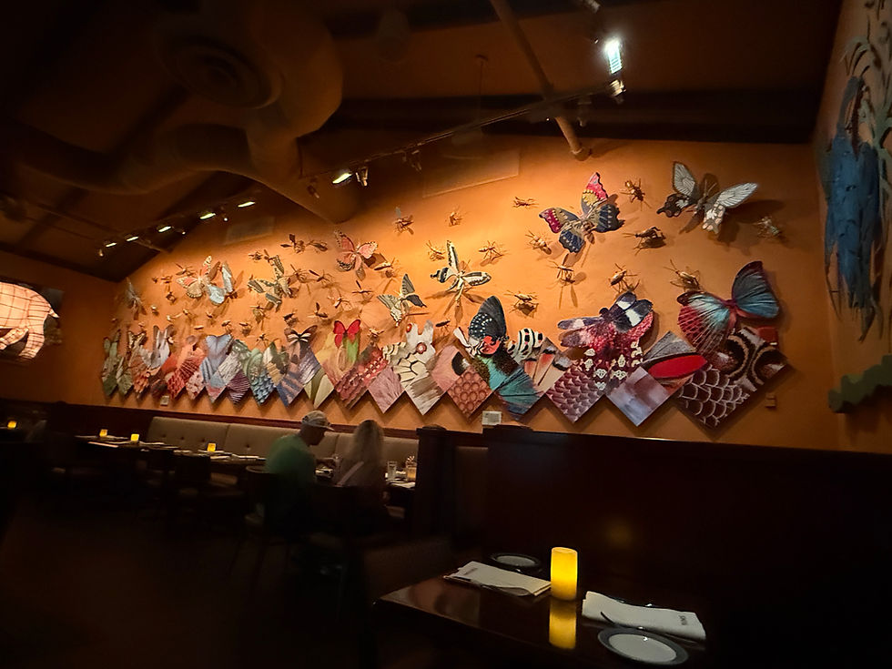 Dimly lit restaurant with vibrant butterfly and insect wall art. Two people seated at a table, candlelight adding a warm ambiance.