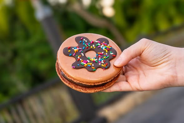 A hand holds a large chocolate macaron topped with colorful sprinkles and chocolate icing. Blurred green background, outdoor setting.