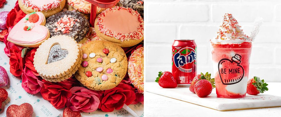 Two images featuring Valentines treats at Disney Springs. The first image is Heart-shaped Desserts from The Cookie Bar at Summerhouse on the Lake. The second image is a Love Potion: Float with vanilla gelato, Fanta Strawberry, and whipped cream from Vivoli il Gelato.