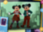 Cartoon mice in colorful adventure outfits pose cheerfully in a desert scene with cacti. Number "4" and purple stamp visible.