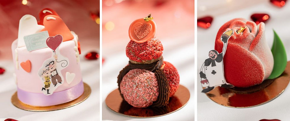 Three images, each depicting a valentines cake. The first is pale pink with love hearts and Carl and Ellie from Disney Pixar Up. The second is a Mini Valentine’s Croquembouche, which is choux with a design in different shades of pink. The final cake is designed like a rose and is the Painting the Roses Red Amorette’s Rose. These cakes are all available from Amorette's Patisserie at Disney Springs.