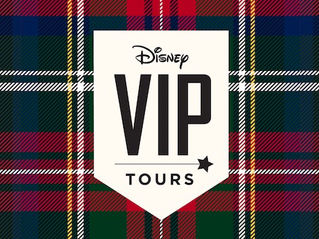 Disney VIP Tours logo on plaid background with red, blue, and green stripes. Black text with star detail evokes exclusivity.