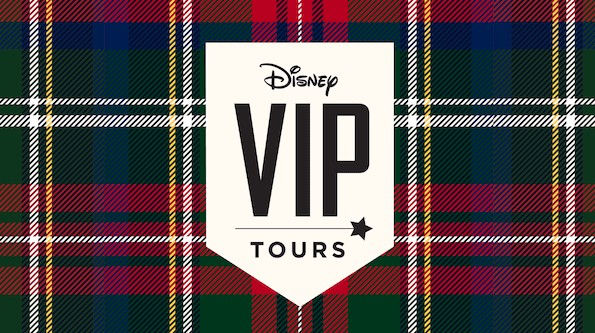 Disney VIP Tours logo on plaid background with red, blue, and green stripes. Black text with star detail evokes exclusivity.