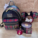 Disney Parks Loungefly backpack in black and plaid with gold zippers. Includes a Mickey ear headband, ornament, and VIP tour box.