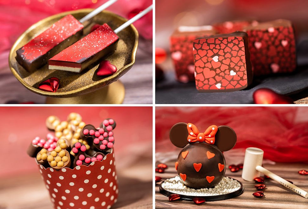Four sweet treats available for Valentines Day at The Ganachery in Disney Springs. The images depict - Red Velvet Ganache Pop, Chocolate-covered Cherry Ganache Square, Mickey Chocolates and Sweetheart Minnie Chocolate Piñata.