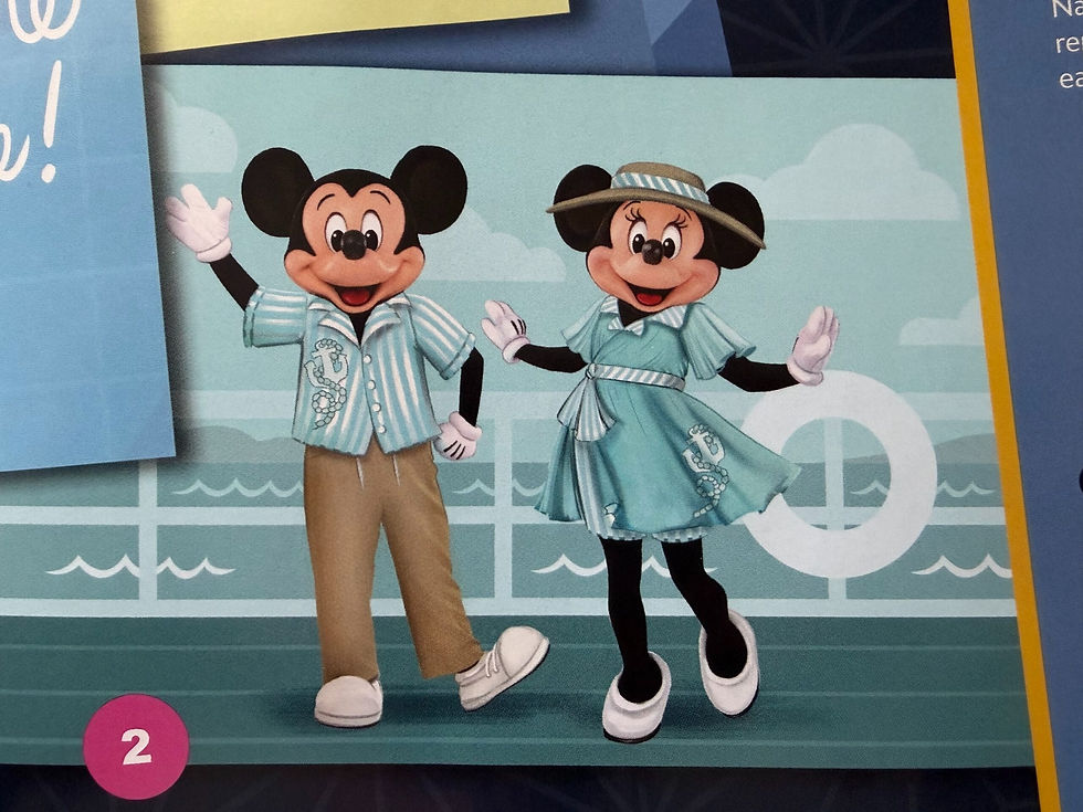 Mickey and Minnie Mouse wave on a cruise ship. They're wearing matching aqua outfits with nautical details. Background shows sea and sky.