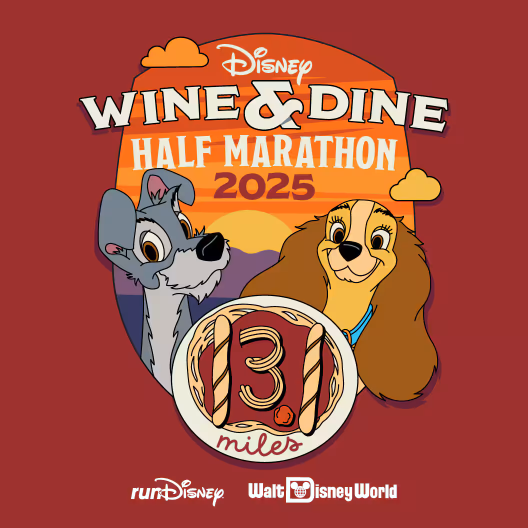 Image with a dark red back ground with light yellow text that reads Disney's Wine & Dine Half Marathon  There are two characters featured, Disney's  Tramp, the grey dog, and DIsney's Lady, a brown dog with a blue collar.  There is a 13.1 miles written in the theme of spaghetti with the 1s as breadstick, the 3 as pasta noodles and the decimal as a meatball   This is the concept art for the half marathon.