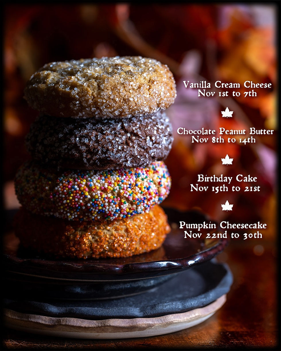 Stack of four cookies: vanilla, chocolate, confetti, pumpkin. Autumnal backdrop. Text lists cookie flavors and November dates. Cozy mood.