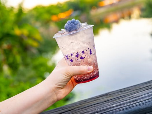 Hand holding a blueberry-topped pink drink in a clear cup with purple designs, set against a blurred scenic river and lush greenery.