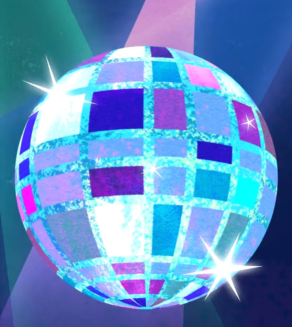 Colorful disco ball with blue and purple checkered pattern, reflecting light. Dark background with light beams, creating a lively mood.