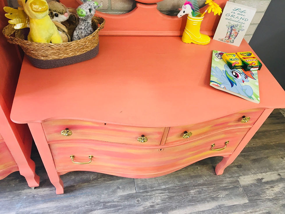 Thumbnail: 2 Sunset Serpentine Coral Vintage Dressers / Mirror 