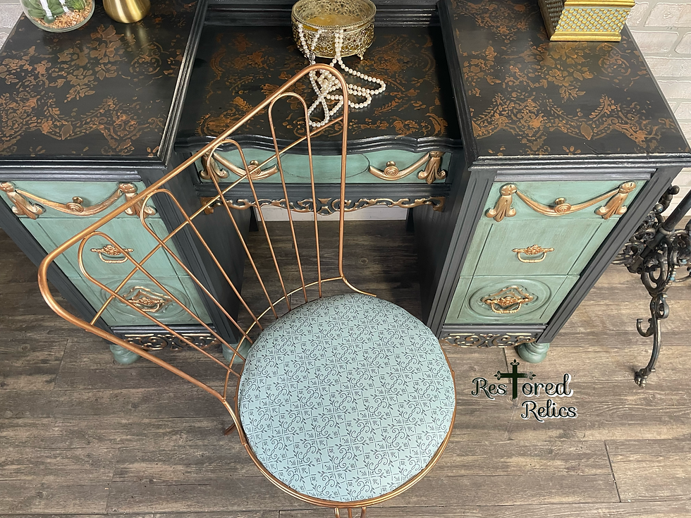 Thumbnail: Beautiful Vintage Patina Vanity with mirror / chair