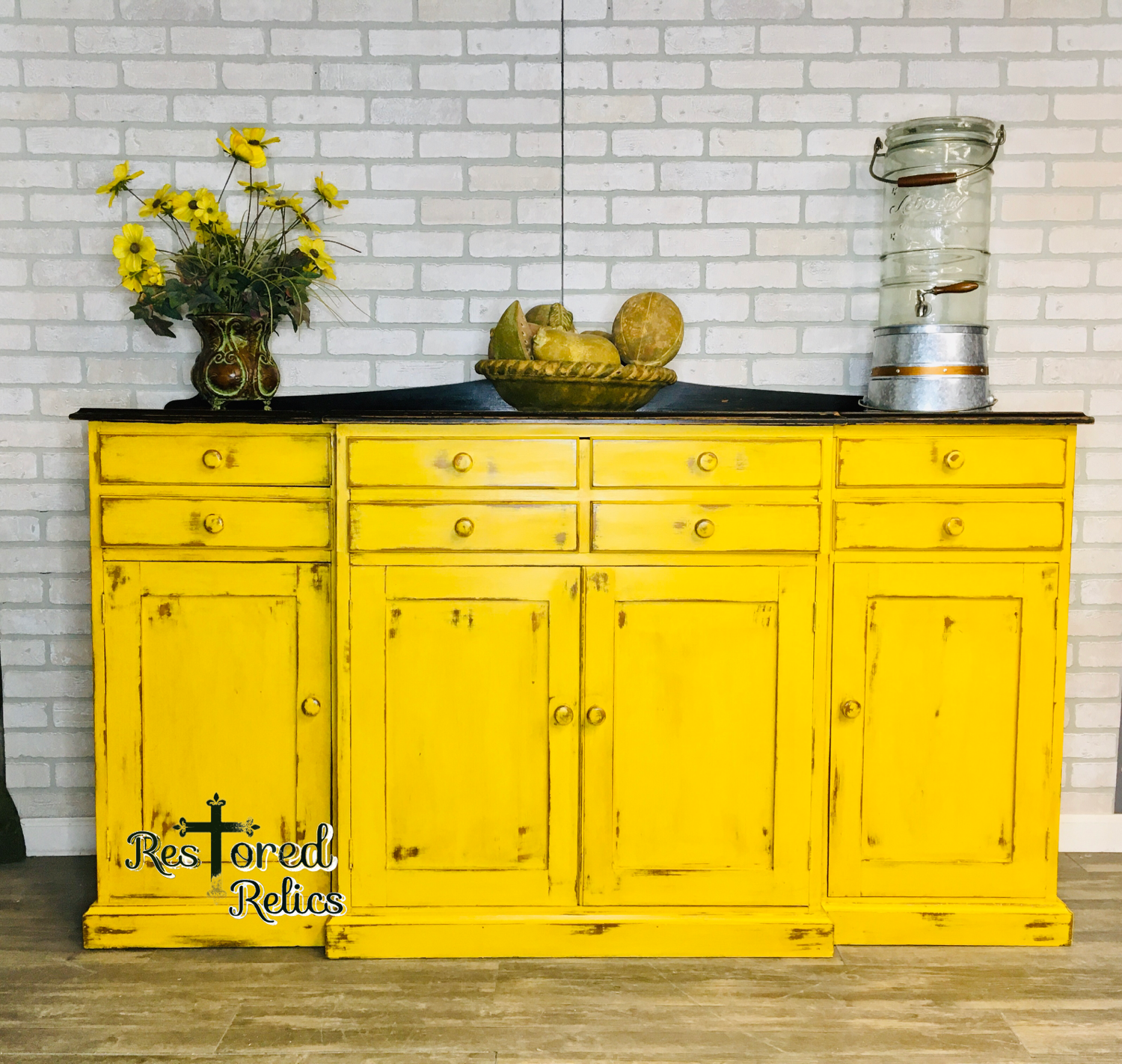 Large Vintage Farmhouse Yellow Buffet