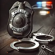 A police badge and handcuffs with a police cruiser in the background