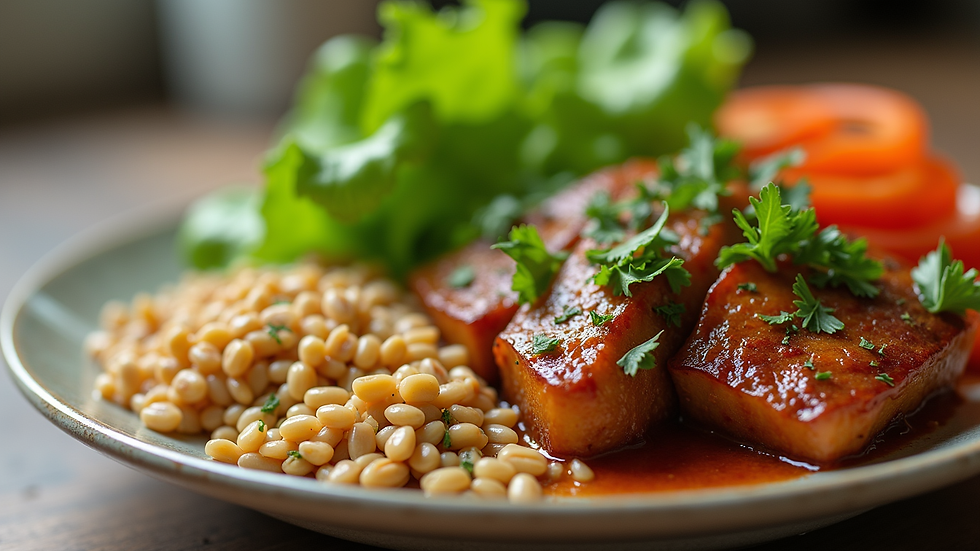 Close-up view of a healthy meal with fresh vegetables and grains